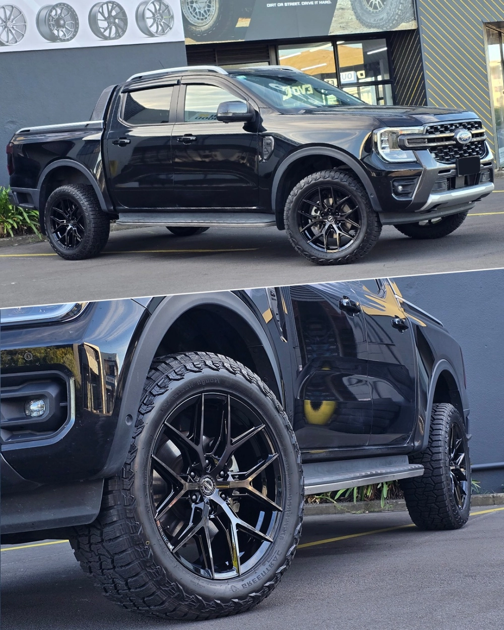 Ford Ranger độ mâm màu đen chạy trên bãi biển chở ván lướt