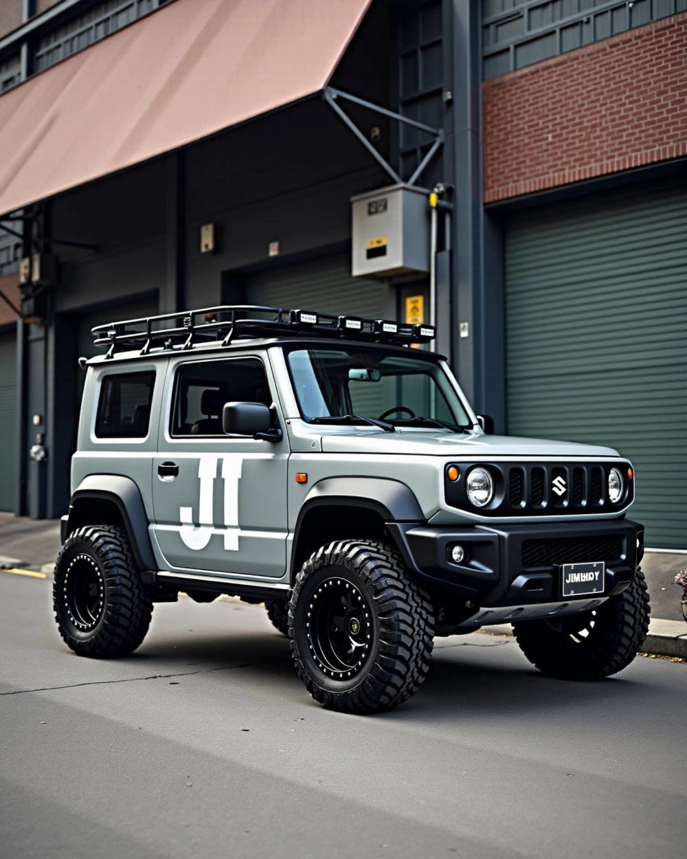 Xe Suzuki Jimny xám độ mâm offroad đen phong cách bụi bặm